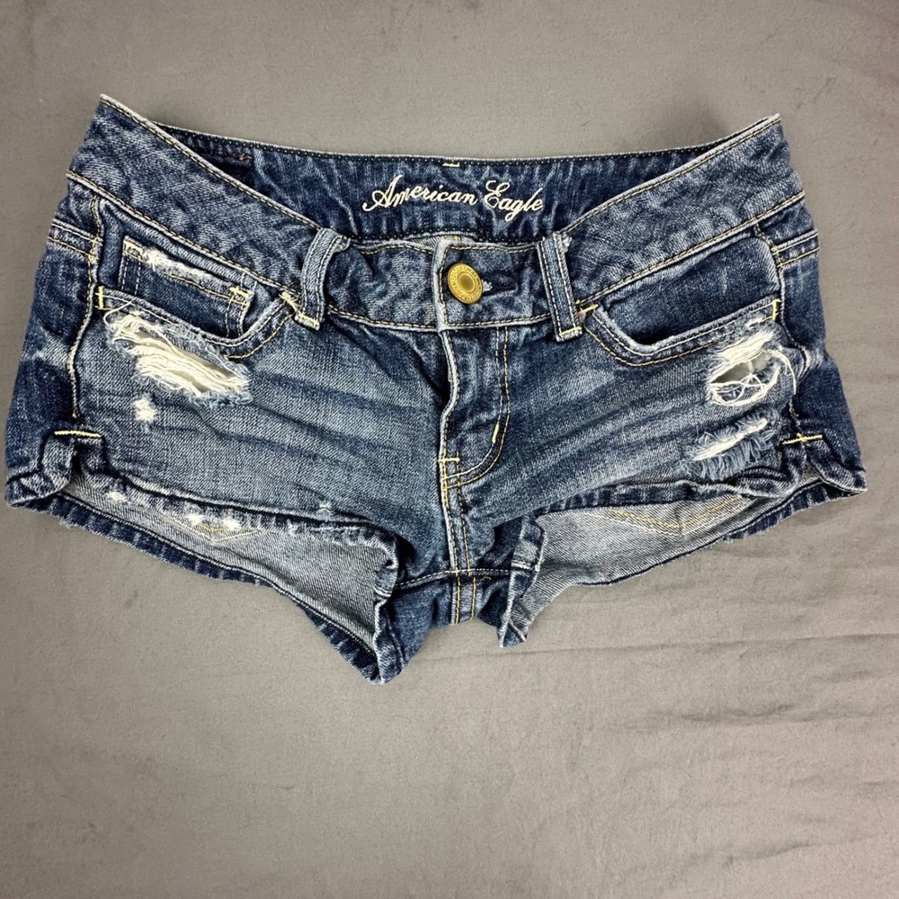 American Eagle Womens 00 Low Rise Denim Shorts Distressed Ripped Dark Wash